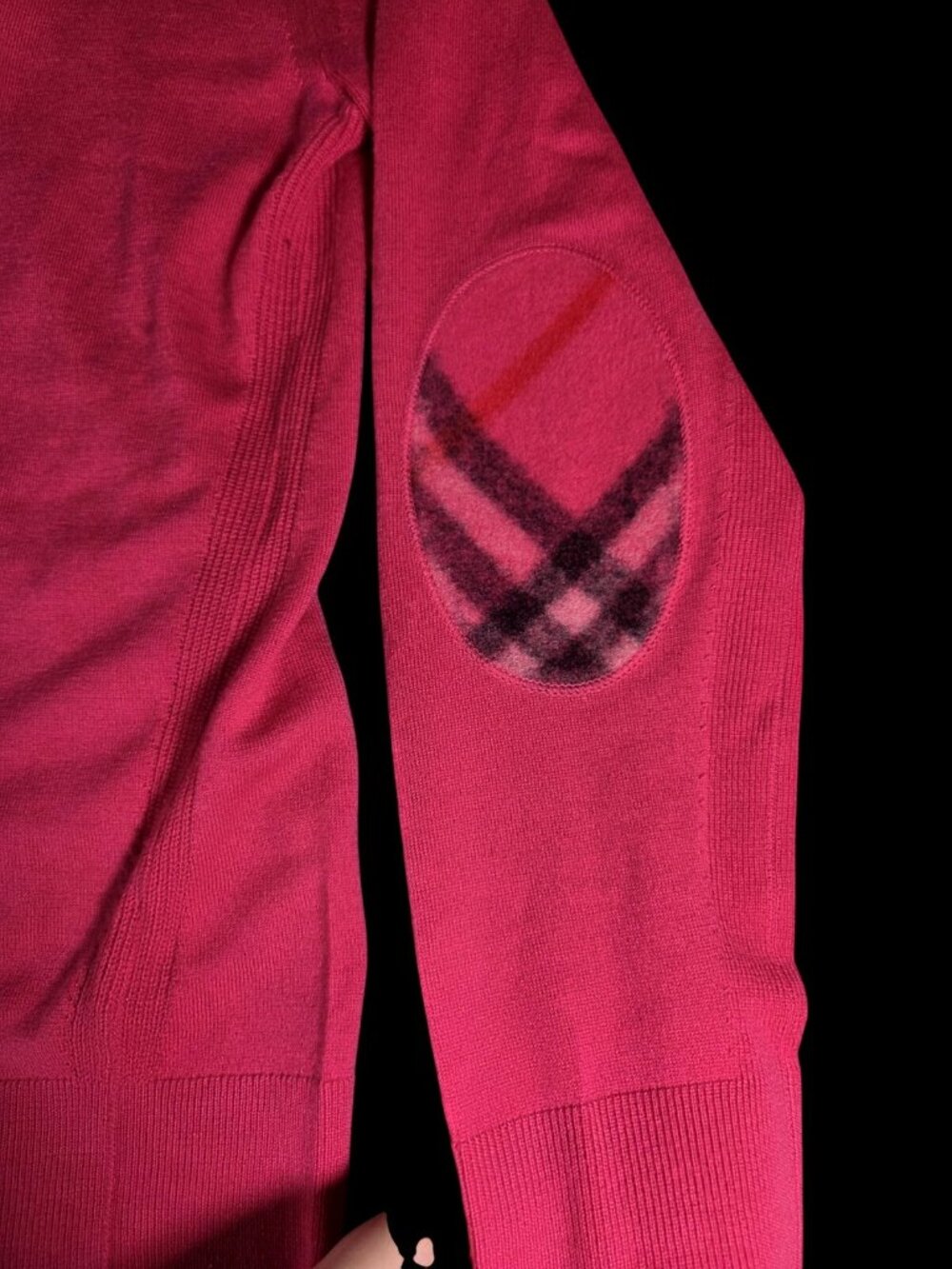 NWT Burberry Womens Bright Pink Cashmere Elbow Patch Check V Neck Sweater Sz M - Picture 3 of 7